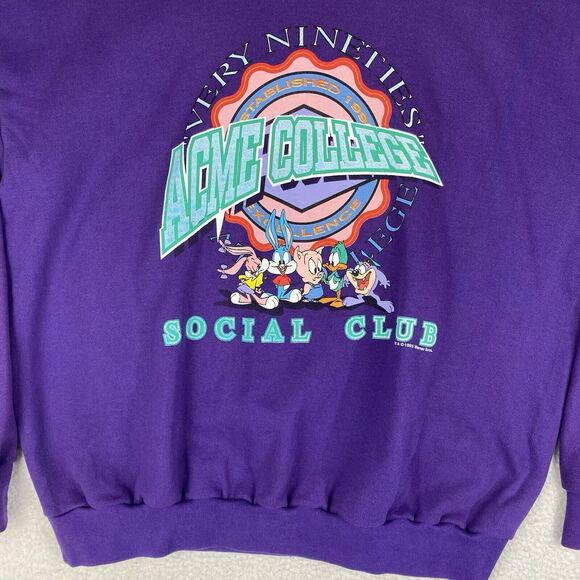 Vintage Tiny Toons Sweatshirt Mens XL Purple Warner Bros Acme College 90s Freeze - Picture 5 of 16